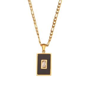 Black Vintage Rectangle Acrylic Zircon Pendant Necklace 18K‎ Gold Plated